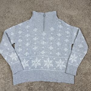 Talbots Light Gray Women Snowflake 3/4 Zip Up Sweater Size Large. Great Quality!